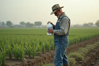 Agriculteur lisant l'étiquette d'un herbicide à base de glyphosate au bord d'un champ cultivé