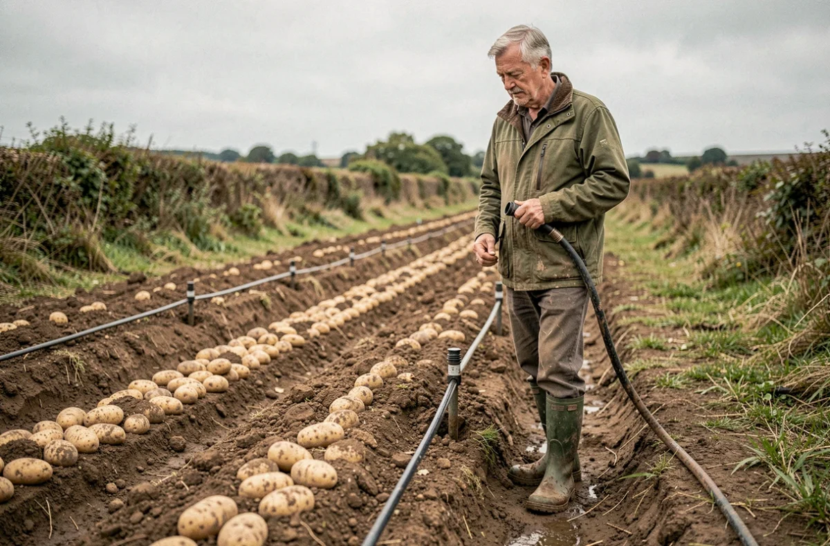 Agriculteur âgé surveillant l'irrigation goutte-à-goutte de rangées de pommes de terre dans un champ rural