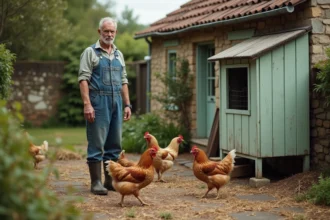 Agriculteur français debout devant un poulailler en bois dans un jardin rural, avec des poules en liberté