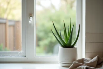 Aloe vera dans un pot auto-arrosant sur un rebord de fenêtre de cuisine, solution pratique avant un départ en vacances