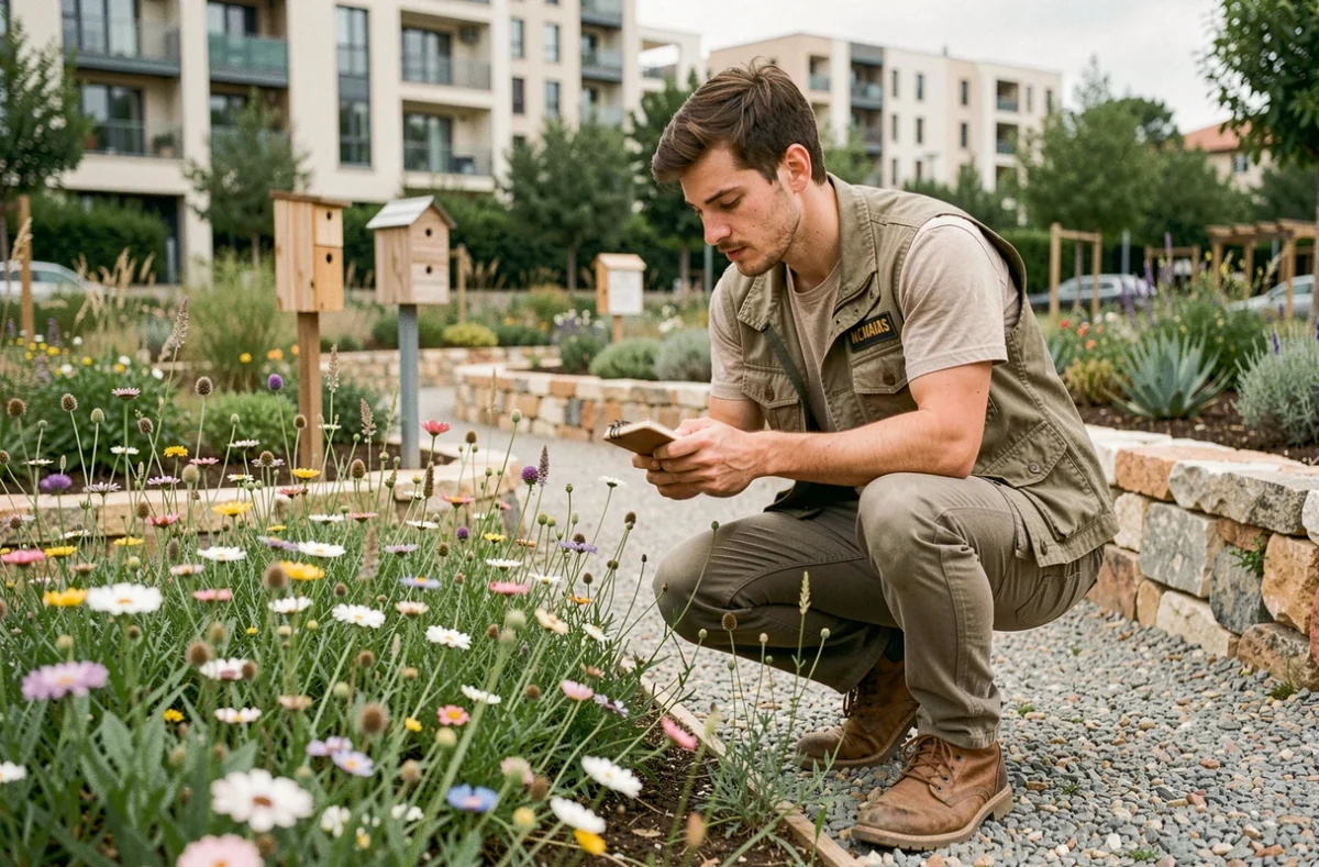 Écologue paysagiste d'Alternatives Paysages examinant une prairie de fleurs sauvages indigènes dans un espace vert urbain à Montpellier