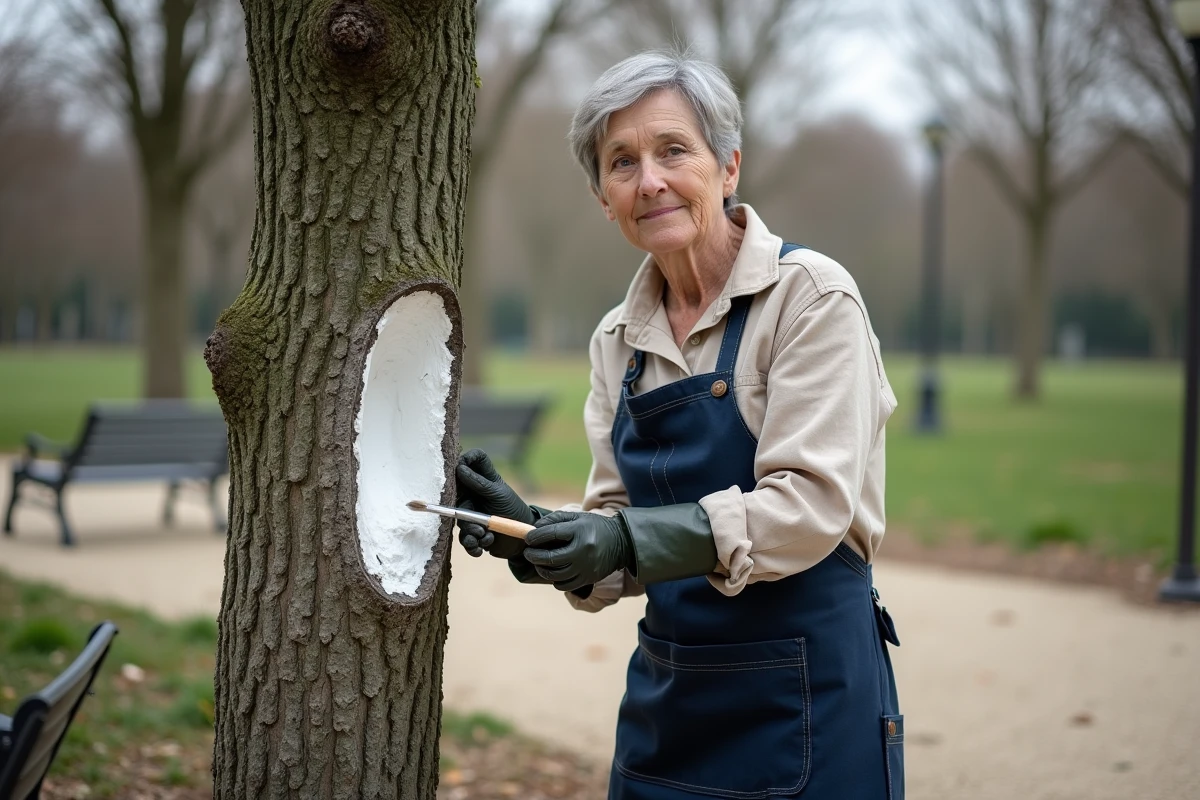 Femme appliquant un mastic cicatrisant sur les plaies de taille sanitaire d'un mûrier platane dans un parc urbain