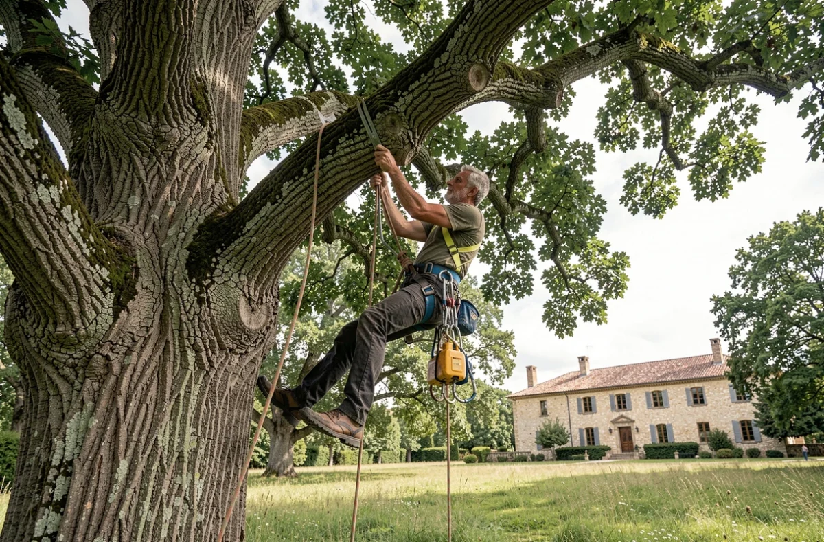 Arboriste certifié d'Arborésens effectuant l'élagage d'un chêne centenaire dans un parc privé en Occitanie avec équipements professionnels de sécurité