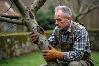 Arboriculteur inspectant une branche de mûrier platane atteinte de maladie dans un jardin au printemps