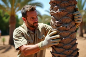 Arboriste professionnel inspectant un palmier méditerranéen endommagé par les larves de papillon palmier dans un jardin ensoleillé