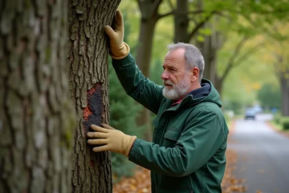 Arboriste inspectant l'écorce malade d'un mûrier platane atteint de chancre coloré dans une rue française