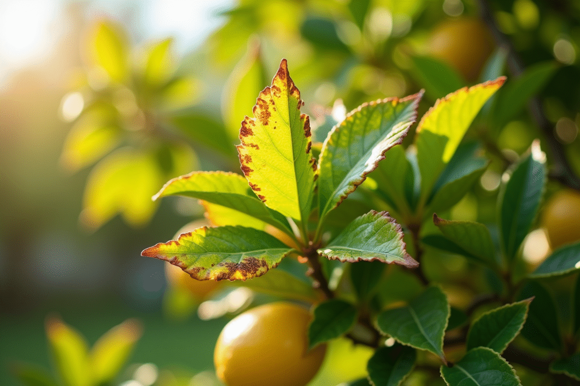 Feuilles d'un citronnier avec taches jaunes et bords frisés