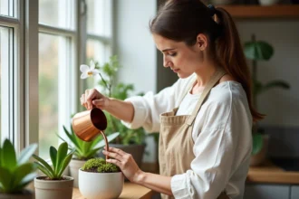 Femme arrosant une orchidée en pot avec de la sphaigne dans une cuisine lumineuse, racines aériennes visibles