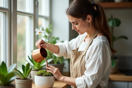 Femme arrosant une orchidée en pot avec de la sphaigne dans une cuisine lumineuse, racines aériennes visibles