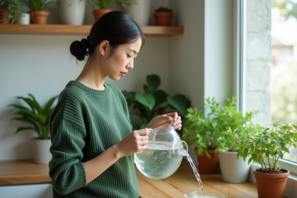 Femme versant de l'eau de riz sur des plantes en pot dans la cuisine