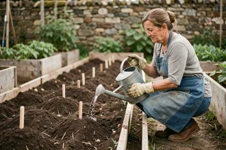 Femme arrosant des rangées de pommes de terre fraîchement plantées dans un potager avec un arrosoir en métal