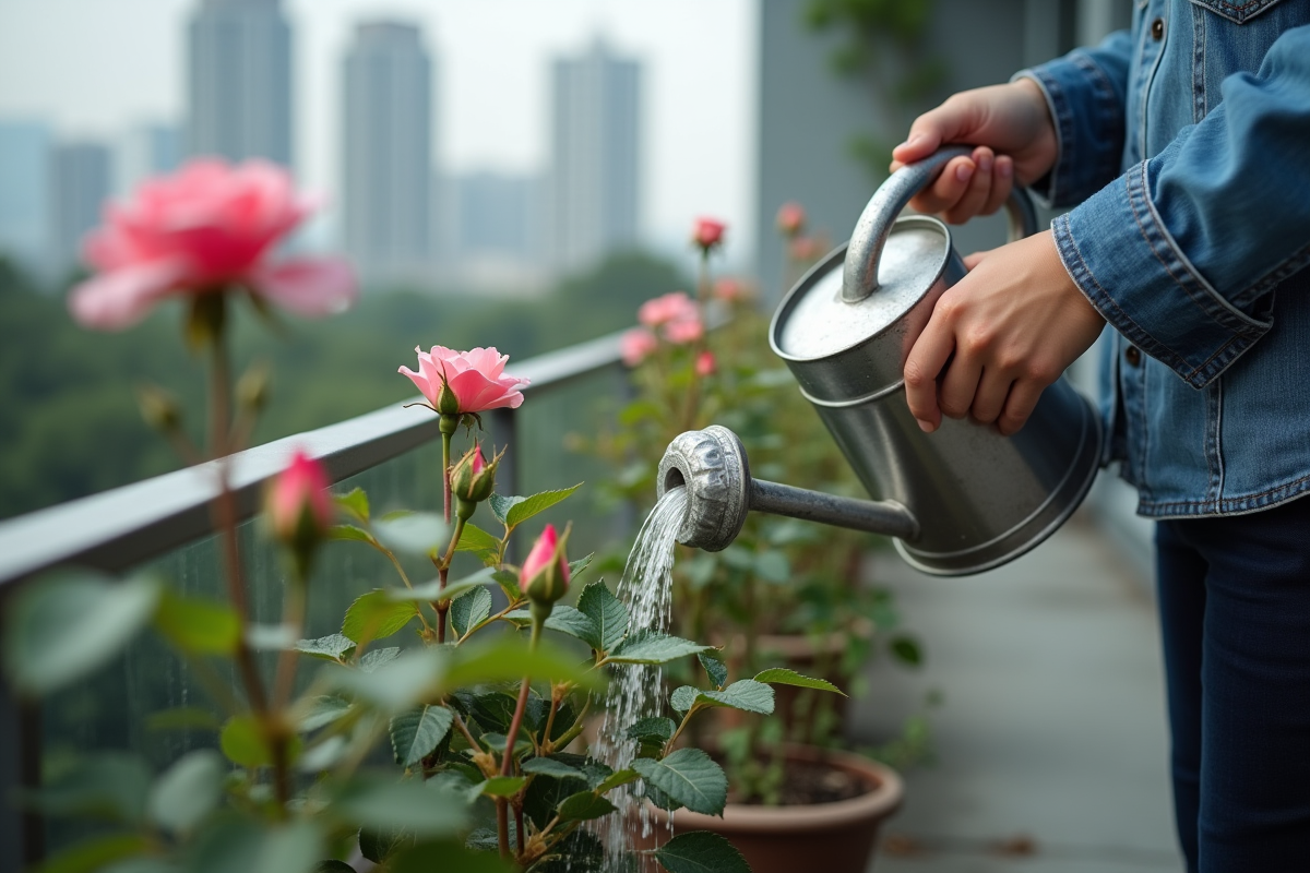 Mains jeunes arrosant un rosier sur un balcon urbain