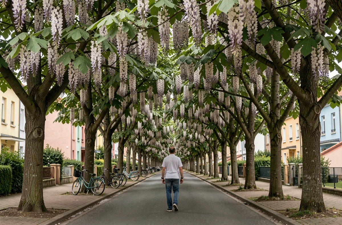 Avenue résidentielle bordée de catalpas aux fleurs violettes et blanches avec passant