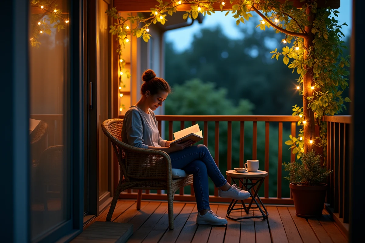 Personne lisant sur un balcon aménagé avec une bande LED solaire sur treillis fleuri au crépuscule