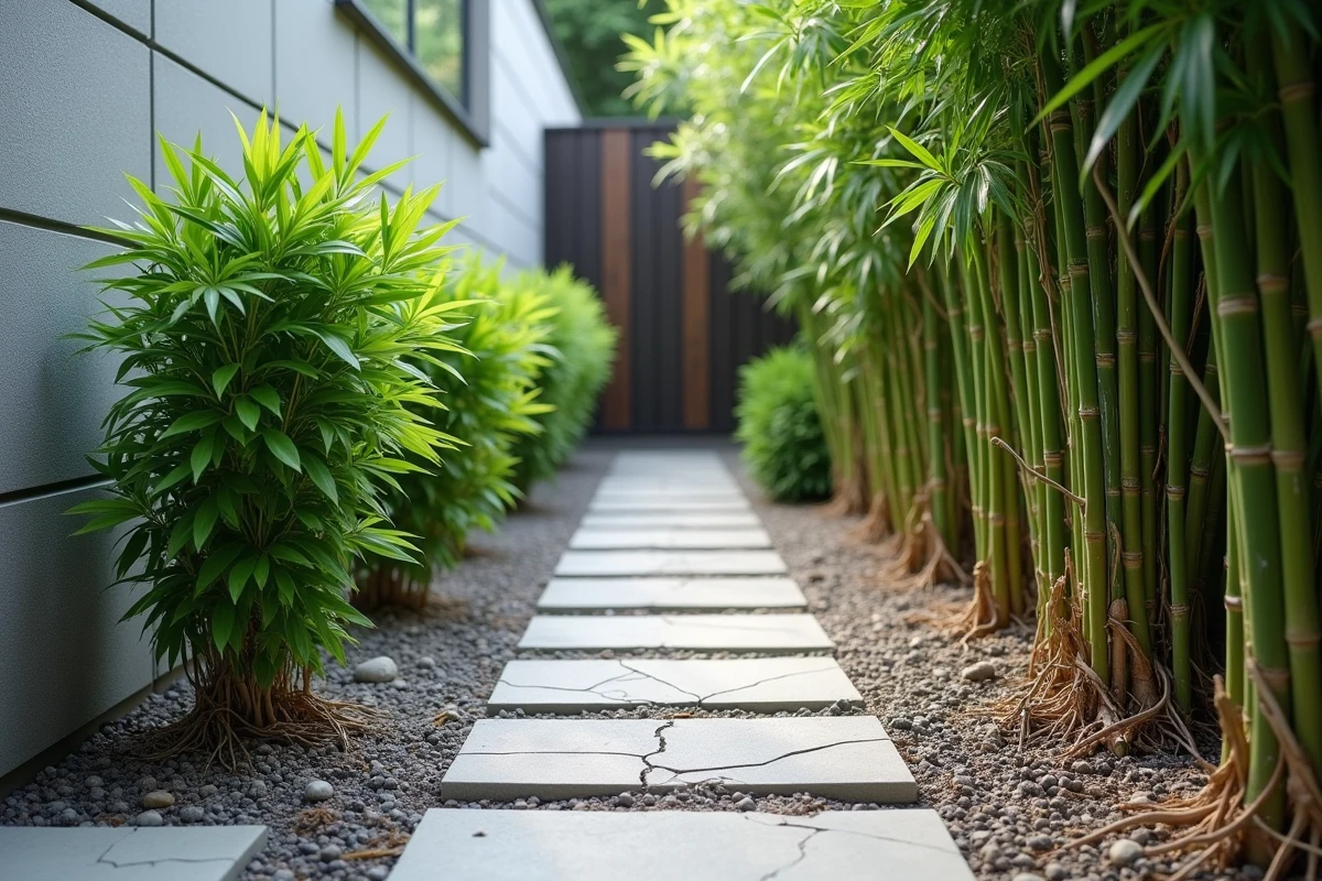 Comparaison entre bambou non traçant bien contenu et bambou traçant envahissant les dalles d'un jardin