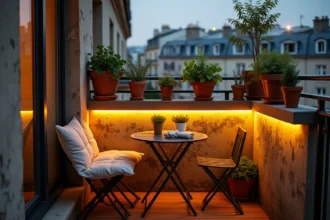 Bande LED solaire installée sur la rambarde d'un petit balcon urbain avec plantes en pot et mobilier bistrot