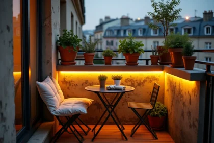Bande LED solaire installée sur la rambarde d'un petit balcon urbain avec plantes en pot et mobilier bistrot