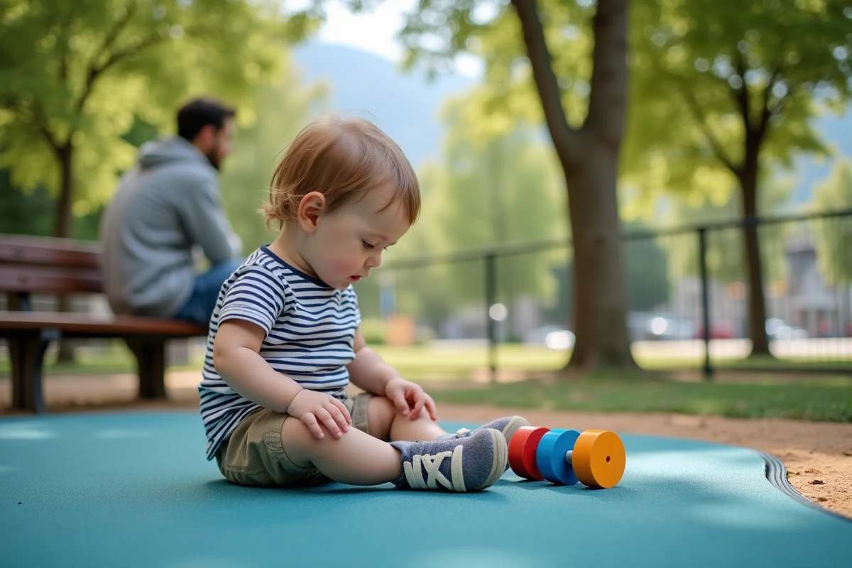 Tout-petit jouant sur un tapis en caoutchouc dans une aire de jeux clôturée et sécurisée d'un parc d'Annecy sous les arbres