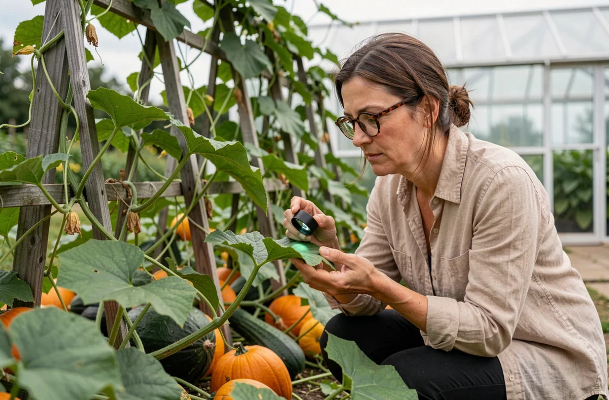 Botaniste examinant les feuilles d'une cucurbitacée dans un jardin potager luxuriant