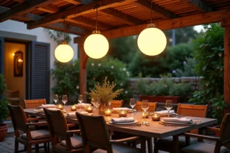 Terrasse extérieure décorée de boules lumineuses suspendues à une pergola en bois pour une soirée d'été conviviale