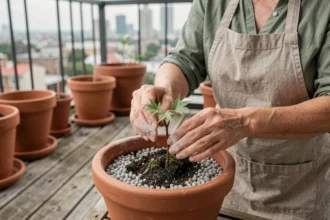 Femme bouturant un érable du Japon dans un pot en terre cuite sur un balcon urbain avec de la perlite et de l'hormone de bouturage