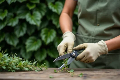 Femme qui bouture un laurier dans un jardin en coupant une tige fraîche avec un sécateur sur une table en bois