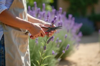 Femme bouturant de la lavande en été avec des sécateurs dans un jardin provençal ensoleillé