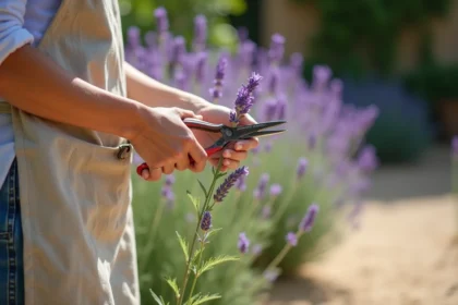 Femme bouturant de la lavande en été avec des sécateurs dans un jardin provençal ensoleillé