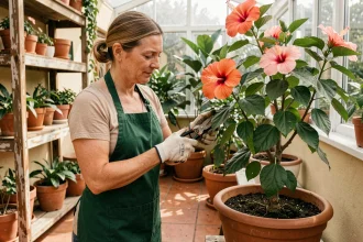 Femme effectuant une bouture d'hibiscus en intérieur pendant l'hiver dans une véranda avec des outils de jardinage