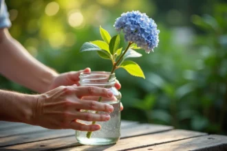 Mains plaçant une bouture d'hortensia dans un bocal en verre rempli d'eau sur une table de jardin en bois en été