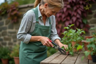 Femme effectuant une bouture de vigne vierge avec un sécateur sur une table de jardin en bois en automne