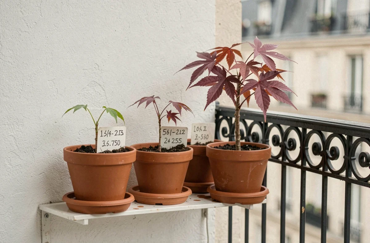Rangée de boutures d'érable du Japon en pots sur une étagère de balcon à différents stades de croissance avec étiquettes manuscrites