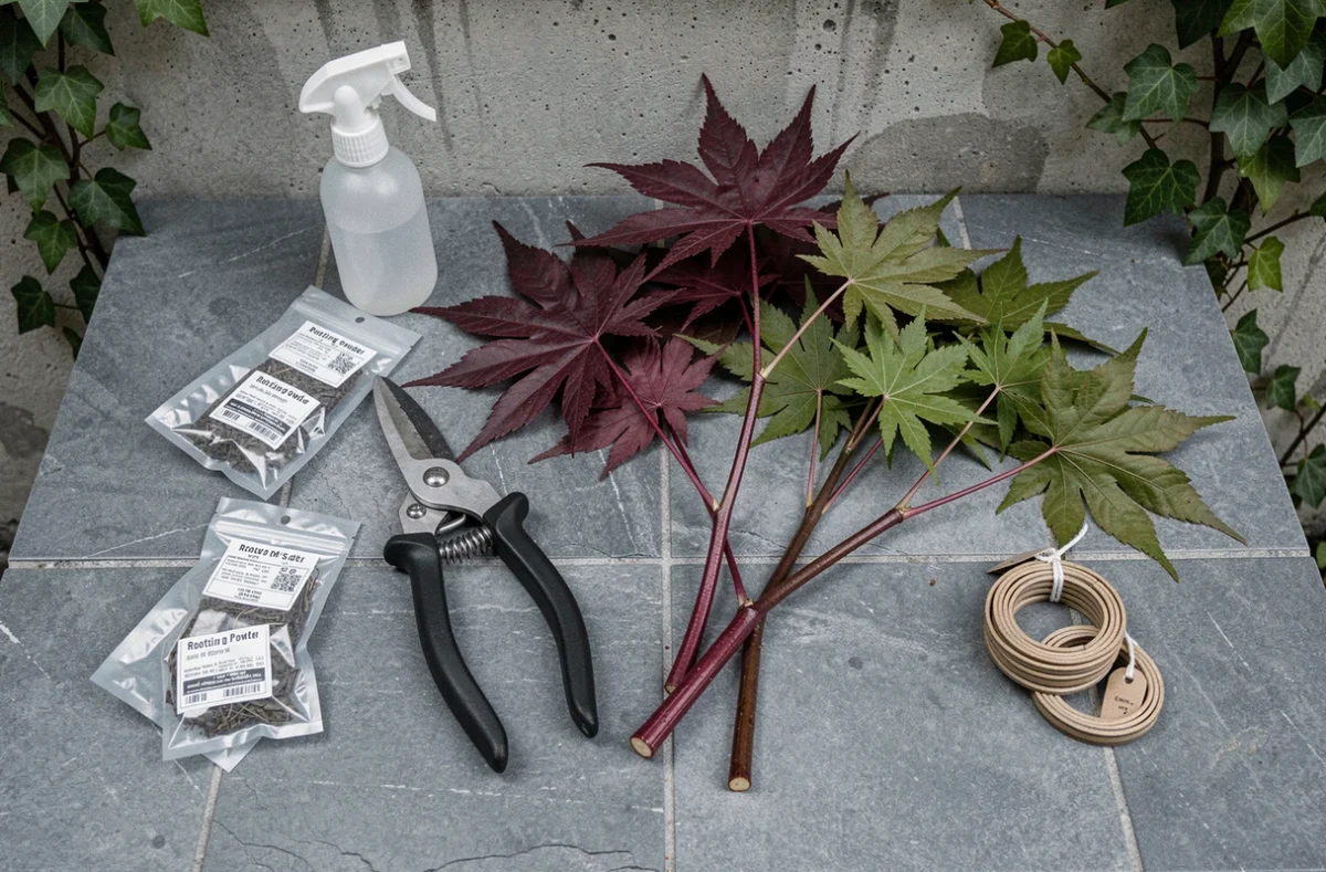 Boutures d'érable du Japon fraîchement coupées avec outils de jardinage, poudre de bouturage et étiquettes sur une terrasse