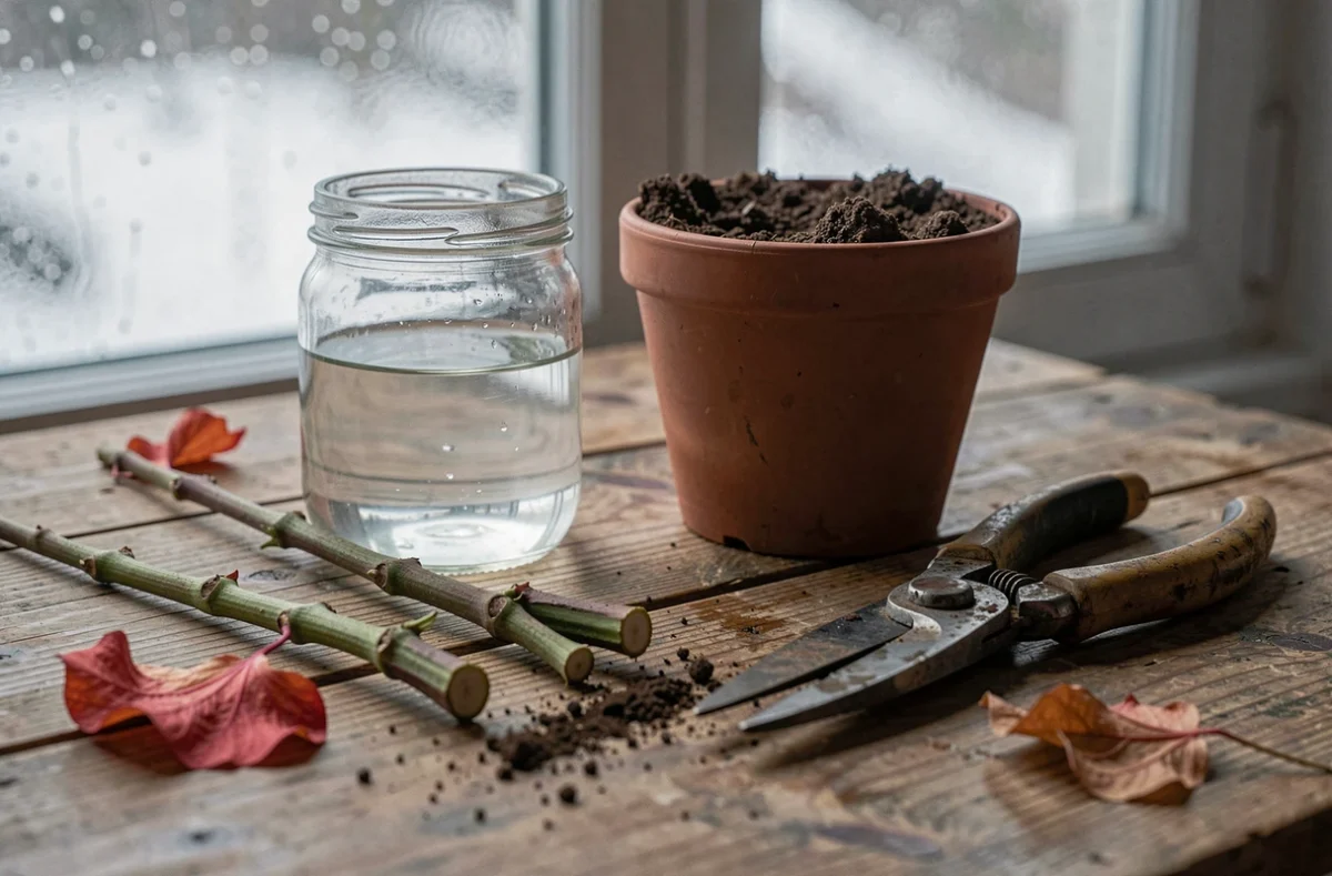 Gros plan de boutures d'hibiscus et outils de jardinage sur une table en bois rustique en intérieur en hiver