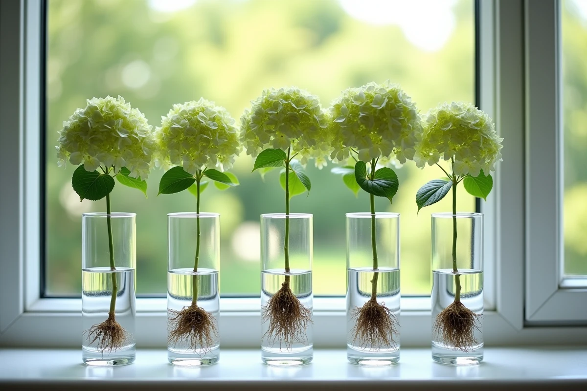 Plusieurs boutures d'hortensia dans des vases en verre sur un rebord de fenêtre de cuisine avec racines visibles dans l'eau