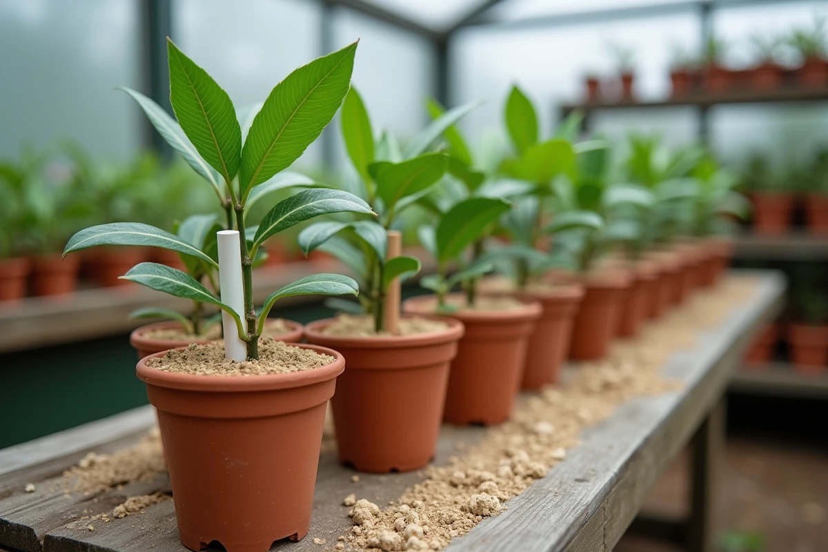 Boutures de laurier plantées dans des petits pots en terre cuite sur un banc de serre avec étiquettes de jardinage