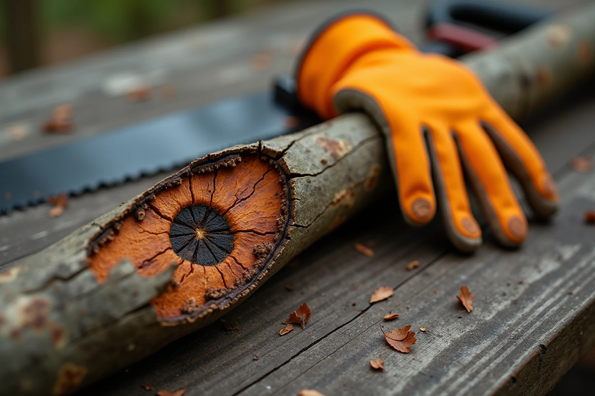 Détail d'une branche de platane coupée révélant les symptômes du chancre coloré sur le bois
