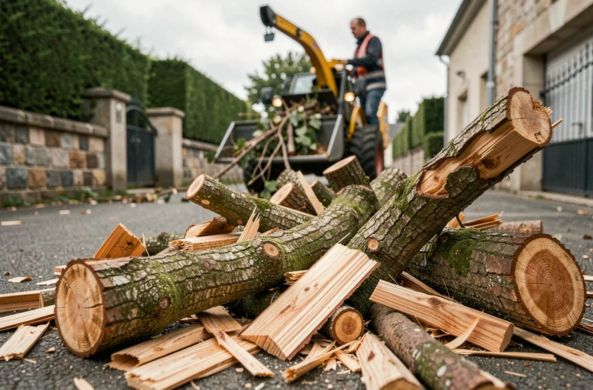 Branches coupées et copeaux de bois lors d'un chantier d'élagage dans une propriété résidentielle à Metz
