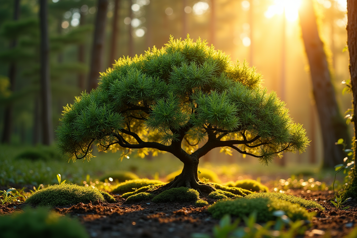 Buisson japonais vu de bas au matin avec lumière dorée