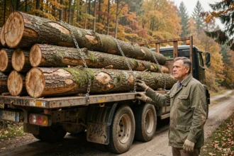Camion de bois grume chargé de troncs non coupés sur une route forestière en automne