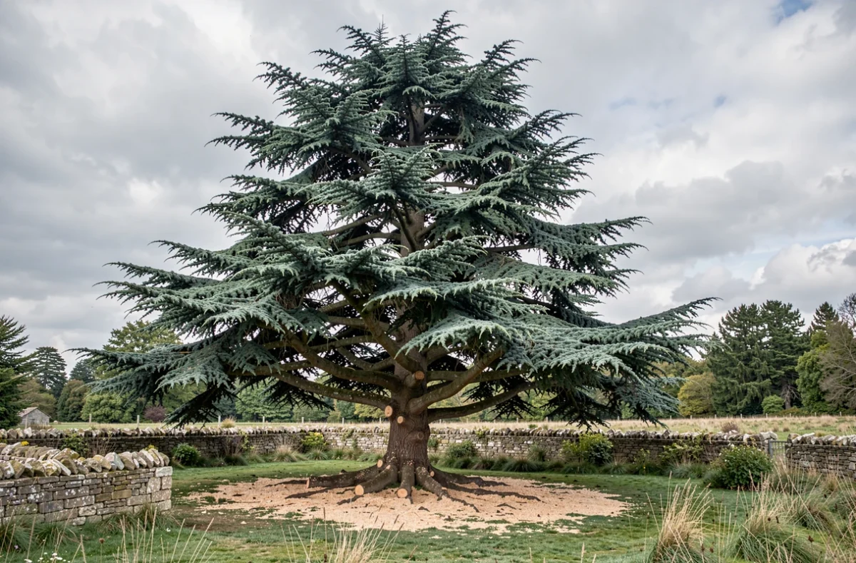Grand cèdre mature après élagage sélectif dans un jardin de campagne avec traces de découpe visibles