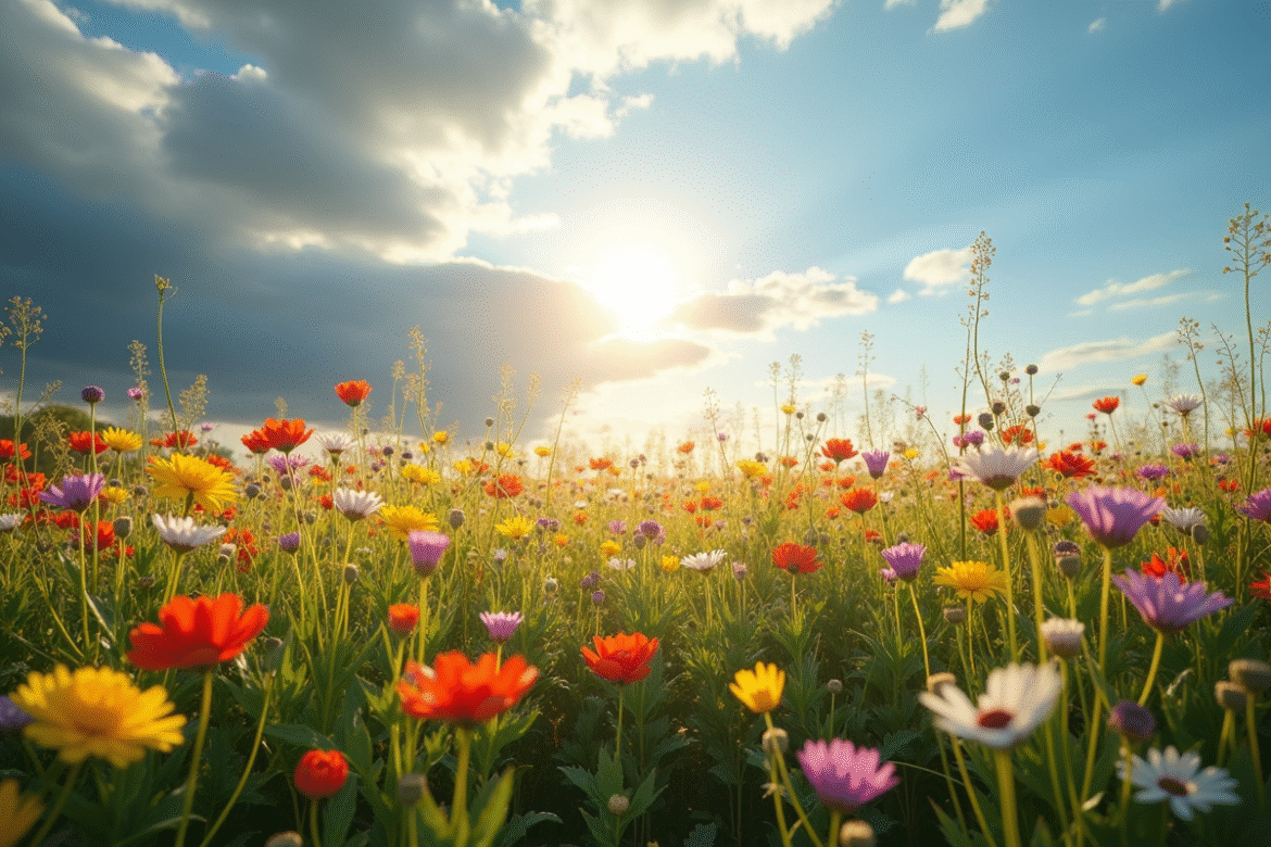 Champ de fleurs sauvages sous ciel nuageux ensoleille