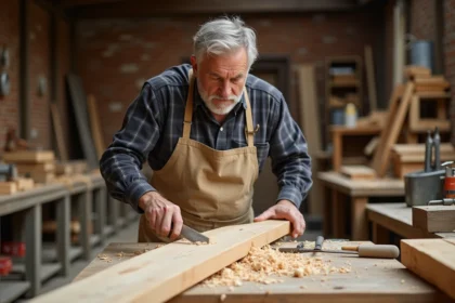 Charpentier examinant une planche de chêne brut dans un atelier de menuiserie traditionnel