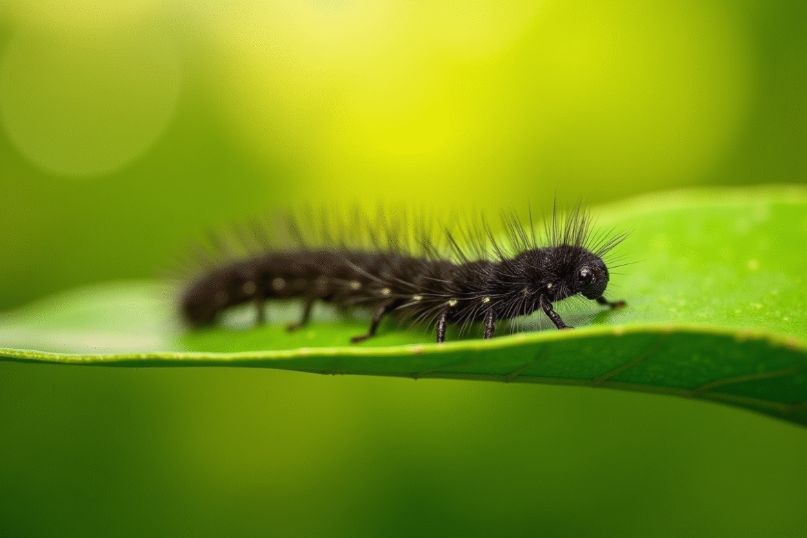 Chenille noire sur feuille verte dans un jardin ensoleille