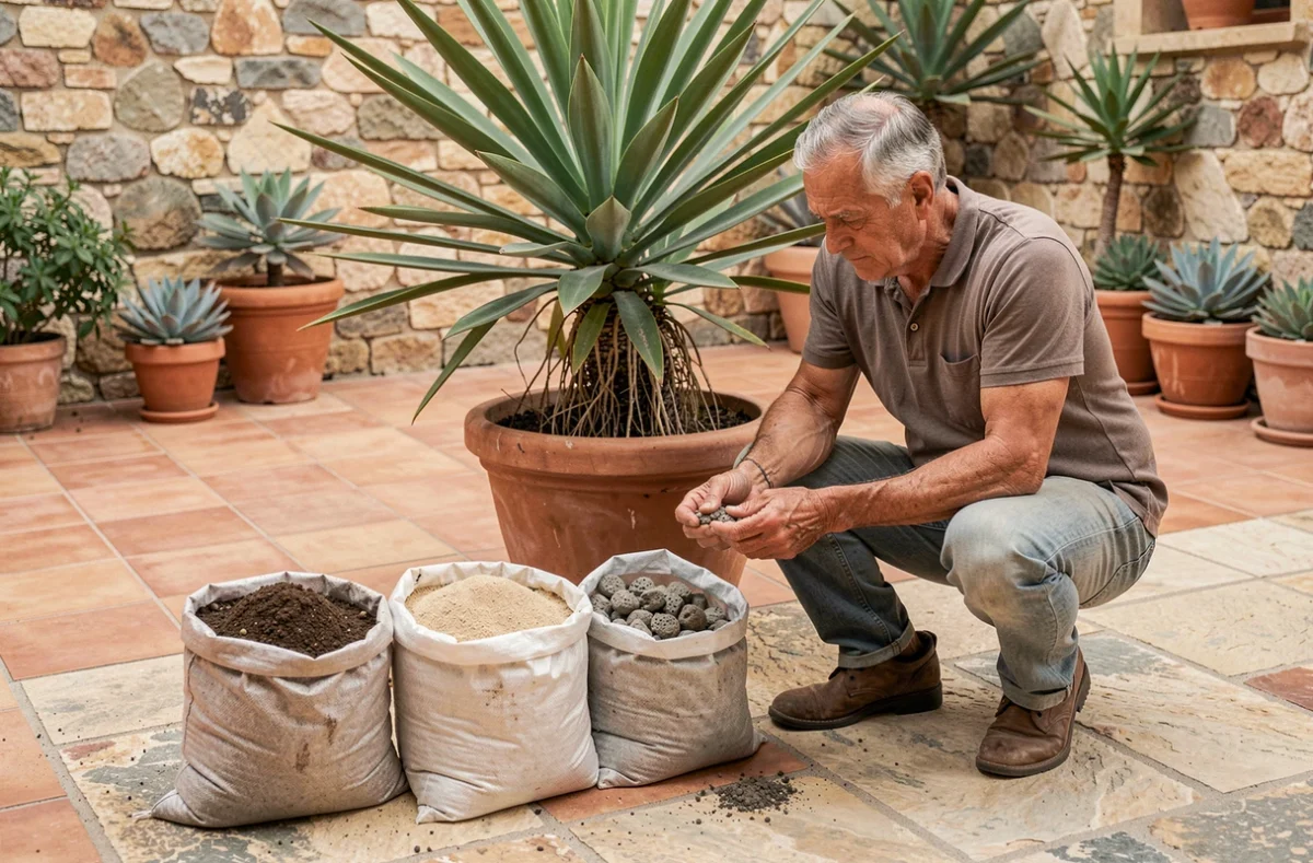 Jardinier comparant différents substrats drainants pour la plantation d'un yucca sur une terrasse méditerranéenne