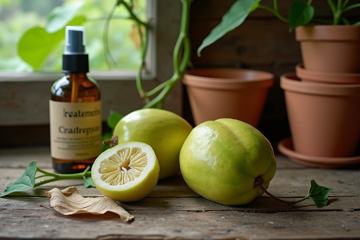 Christophines fraîchement récoltées avec produits de traitement bio sur table de jardin rustique