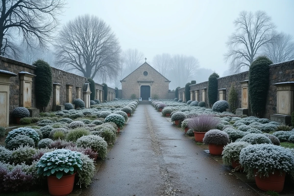 Vue d'ensemble d'un cimetière de village français en hiver avec des plantes résistantes au gel sur les tombes