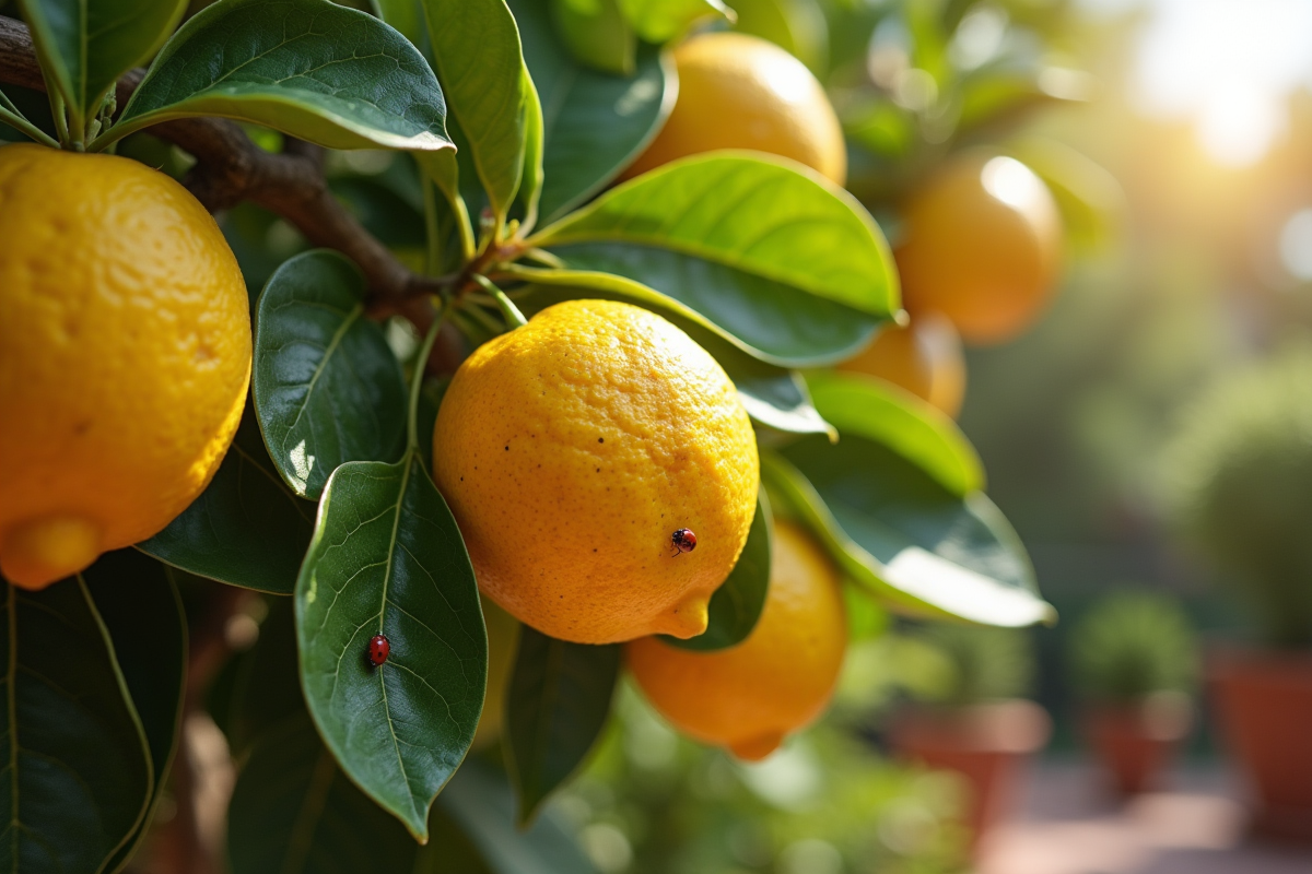 Citronnier en pot avec coccinelles sur branches en extérieur