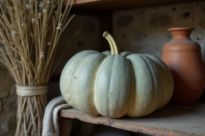 Citrouille Bleu de Hongrie posée sur une étagère en bois dans une cave en pierre, entourée d'herbes séchées et de pots en terre cuite