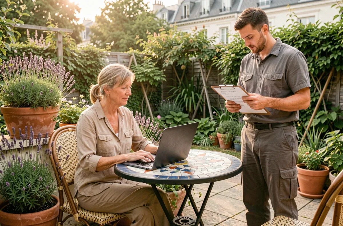 Propriétaire parisienne et jardinier Cmonjardinier consultant une liste de tâches sur une terrasse avec lavande